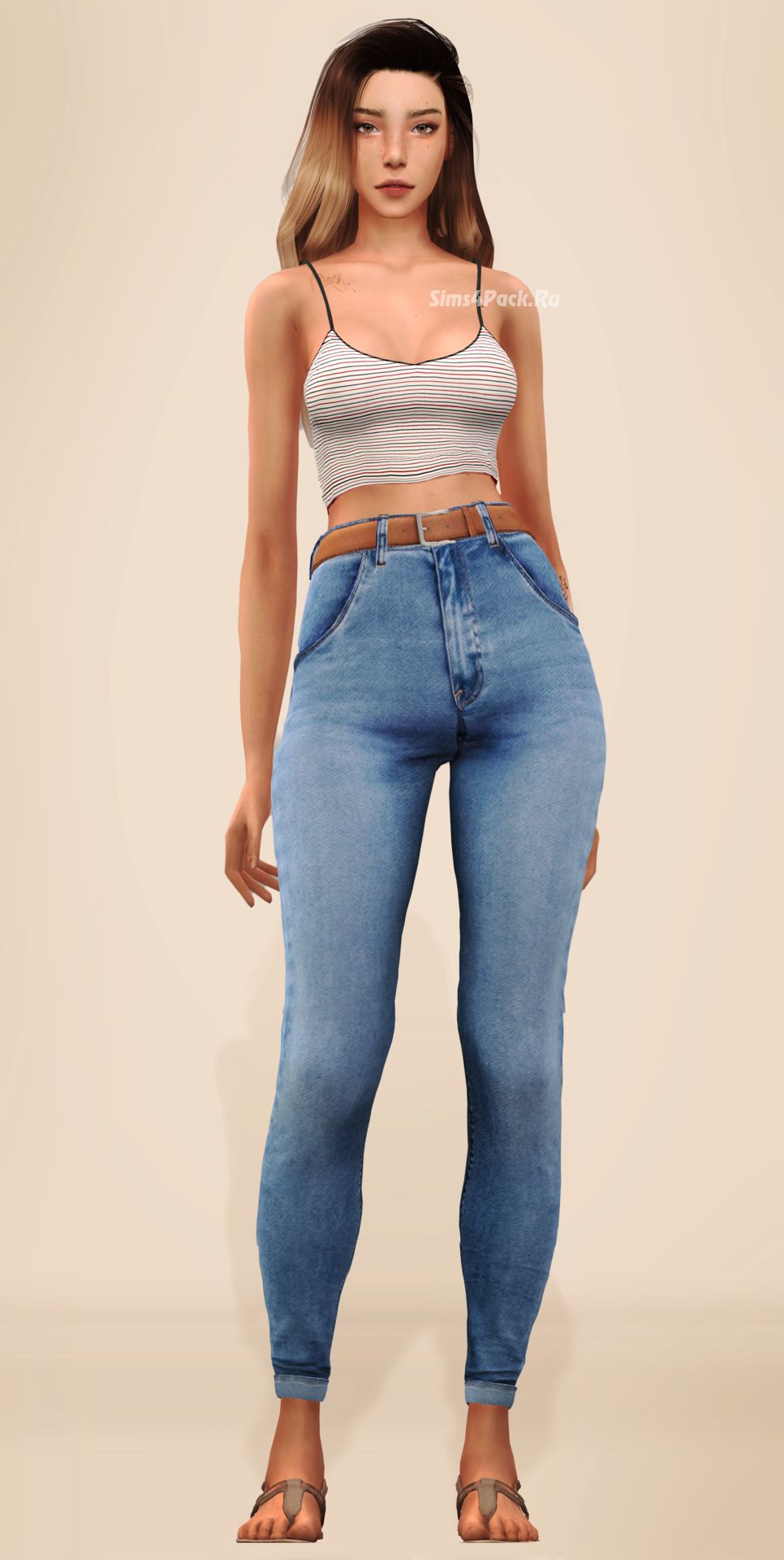 Топ и джинсы "Crop Tank Top & Belted Simple Jeans"