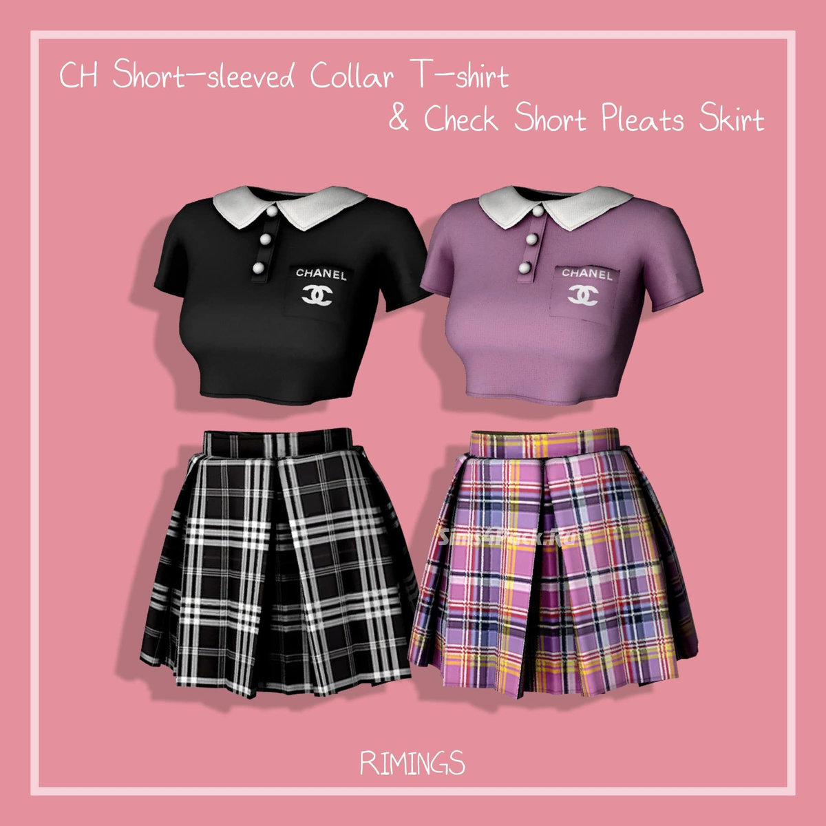 Футболка и юбка "CH Short-sleeved Collar T-shirt & Check Short Pleats Skirt"