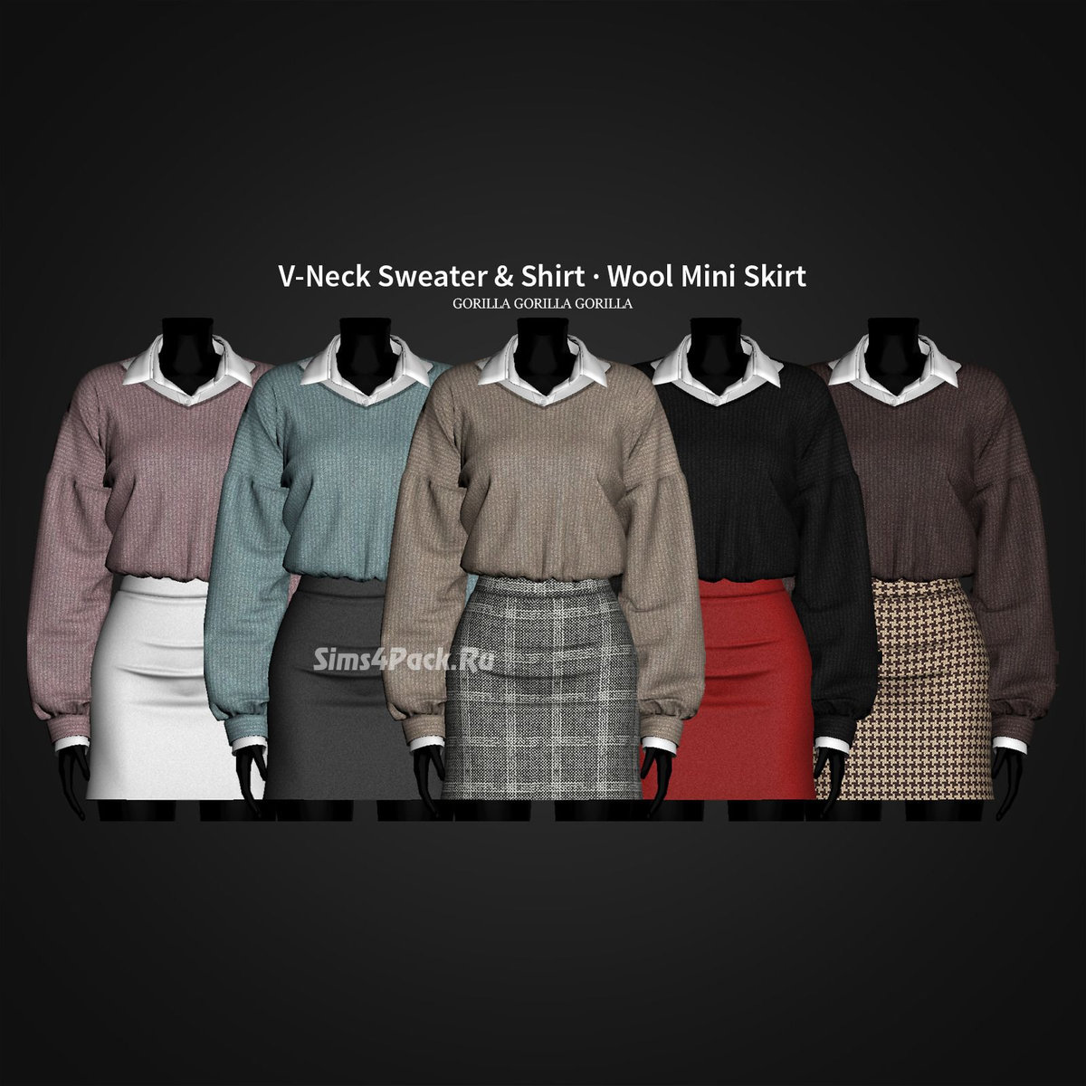 Комплект одежды для симочки "V-Neck Sweater & Shirt & Wool Mini Skirt"