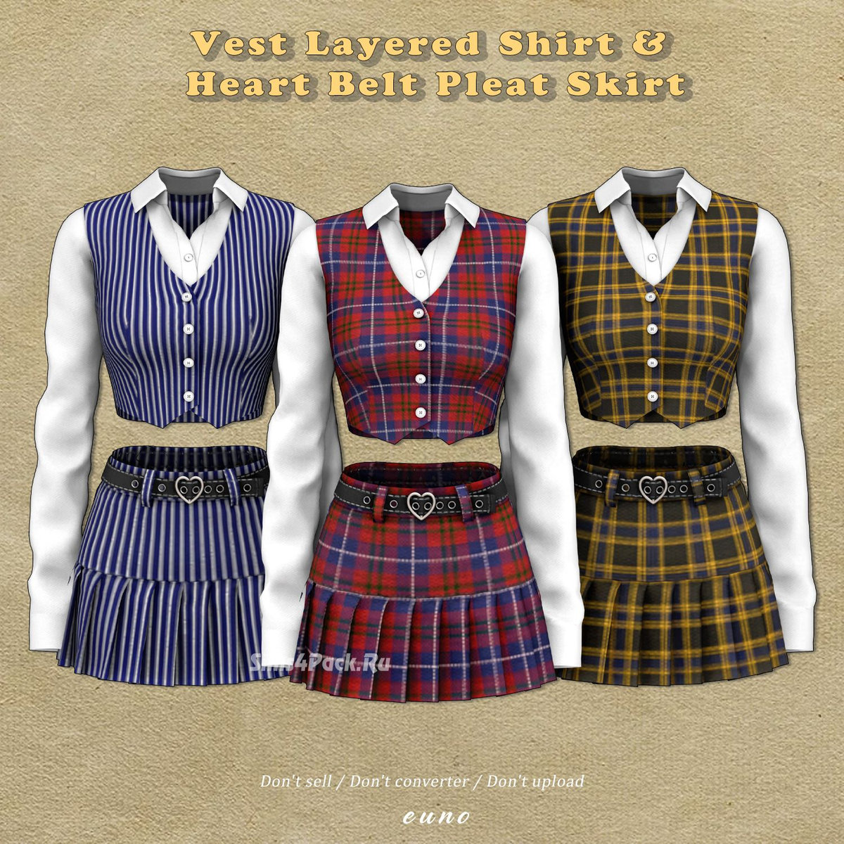 Женский костюм "Vest Layered Shirt And Heart Belt Pleat Skirt"