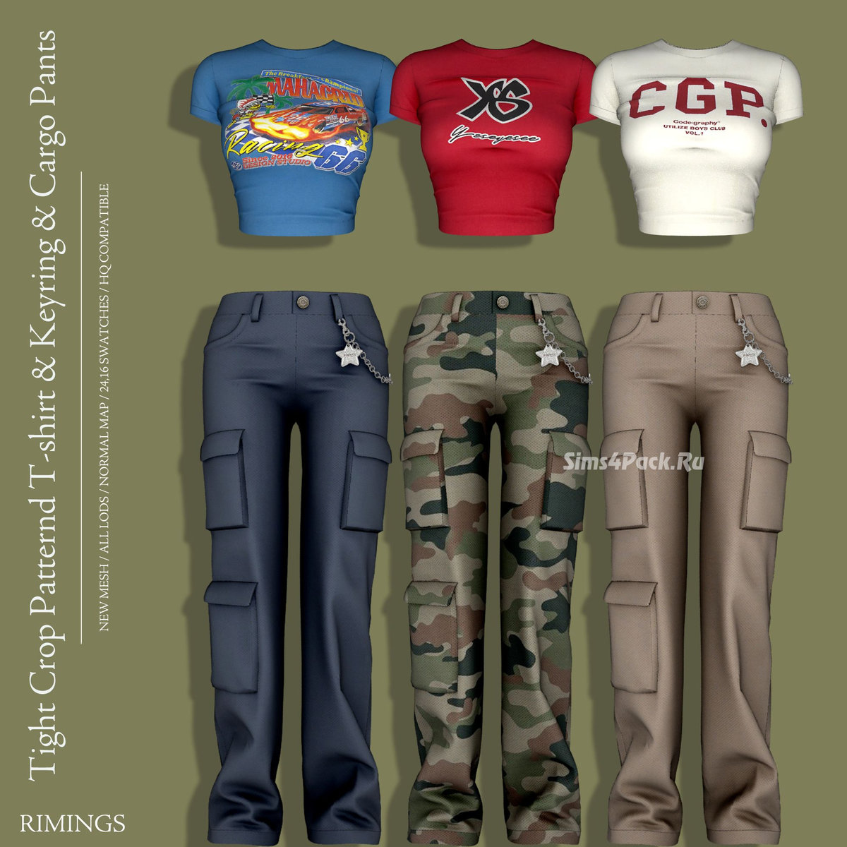 Футболка и штаны для симочек " Tight Crop Patternd T-shirt & Keyring & Cargo Pants"