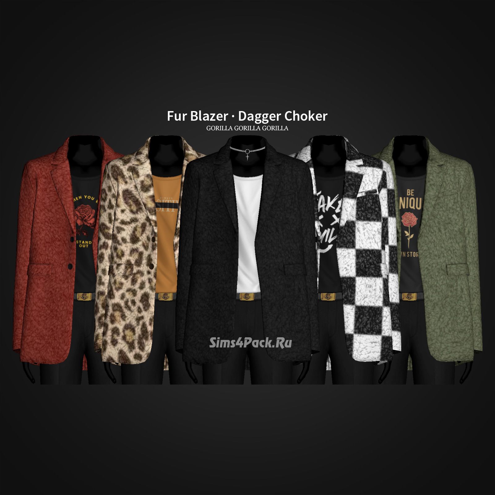 Пиджак с футболкой и чокер для симов "Fur Blazer And Dagger Choker"