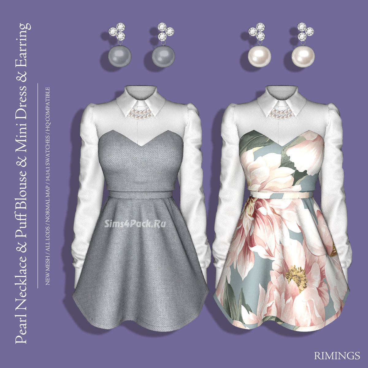 Платья и аксессуары "Pearl Necklace And Puff Blouse And Mini Dress And Earring"