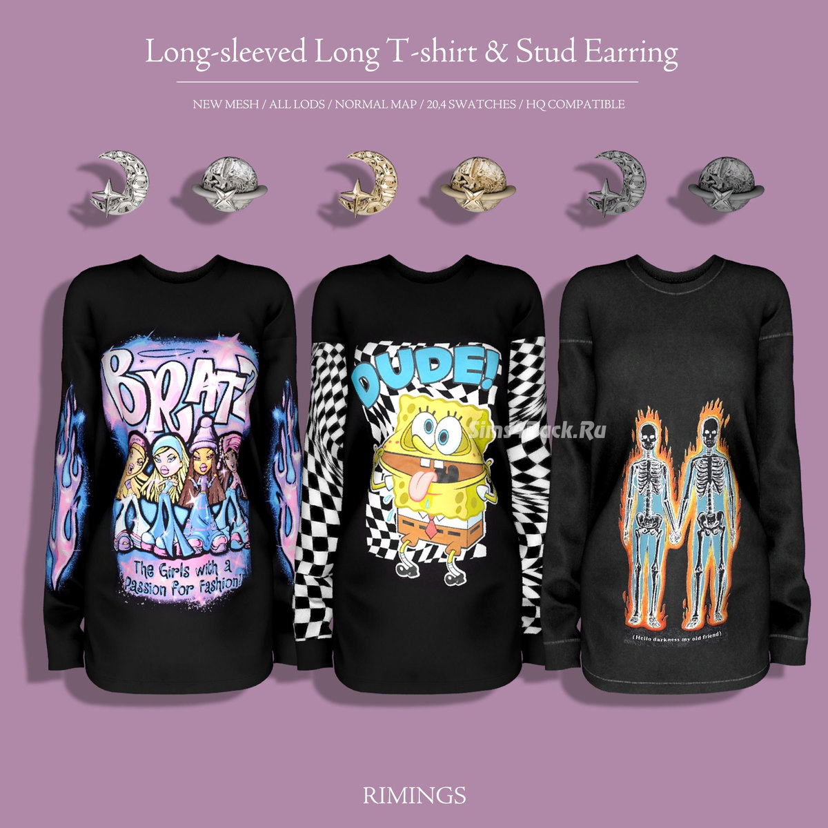 Платье и серьги "Long-sleeved Long T-shirt & Stud Earring"