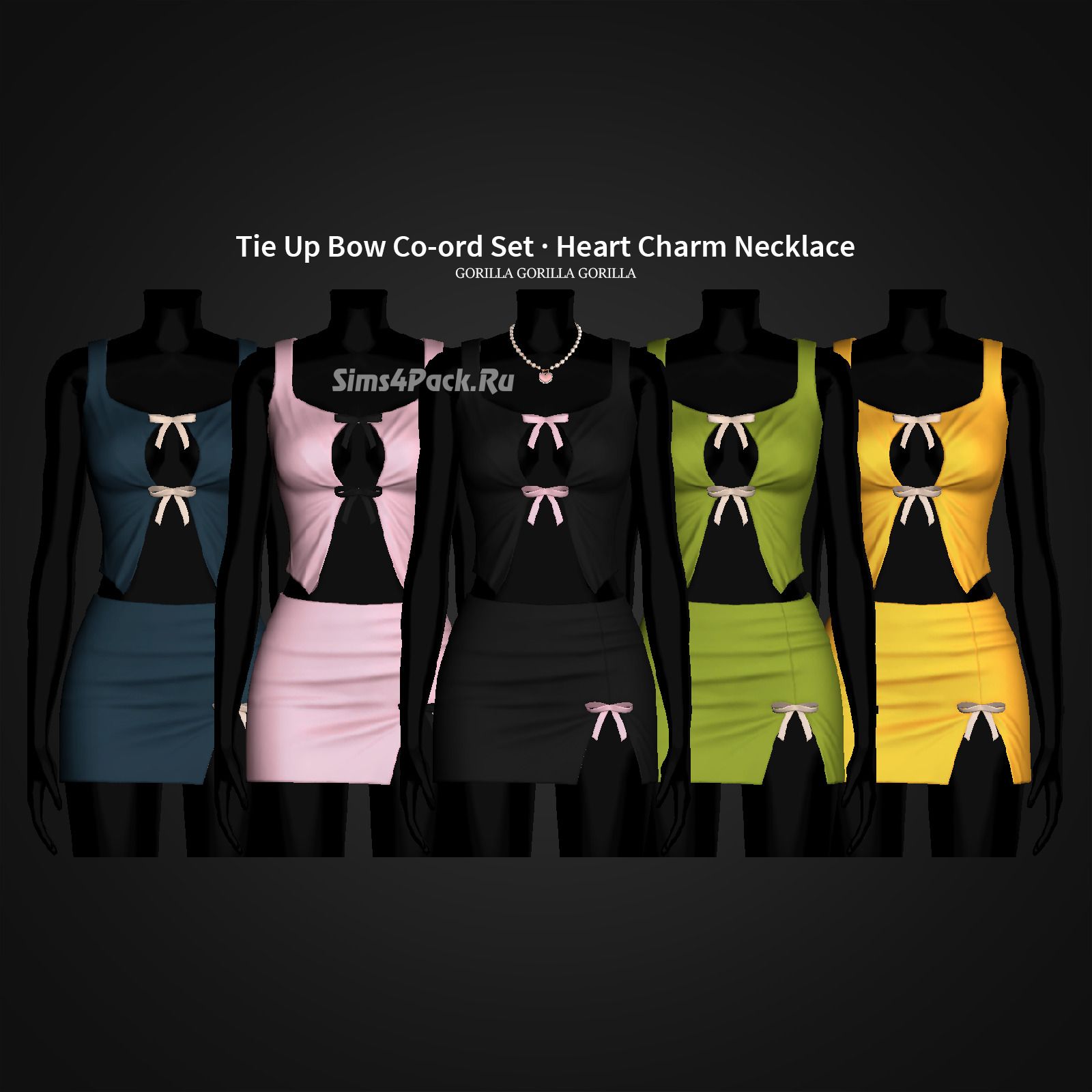 Наряд и кулон для симочек "Tie Up Bow Co-ord Set And Heart Charm Necklace"