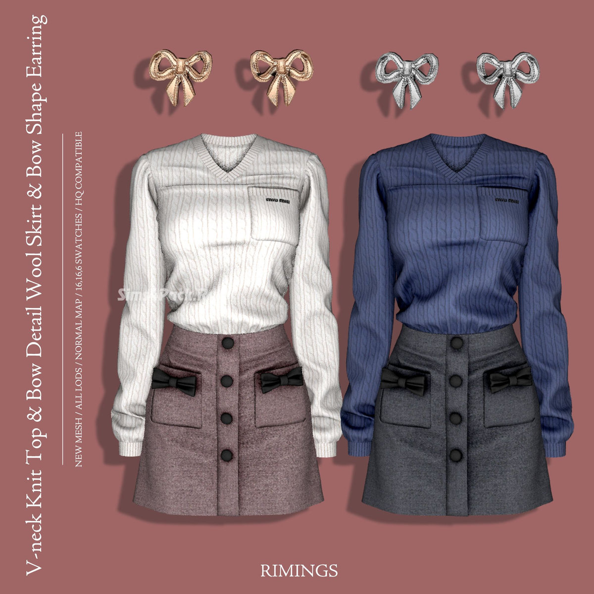Комплект для симочек "V-neck Knit Top & Bow Detail Wool Skirt & Earring"