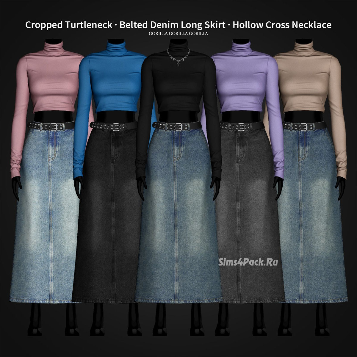 Наряд для симочки "Cropped Turtleneck, Belted Denim Long Skirt and Hollow Cross Necklace"