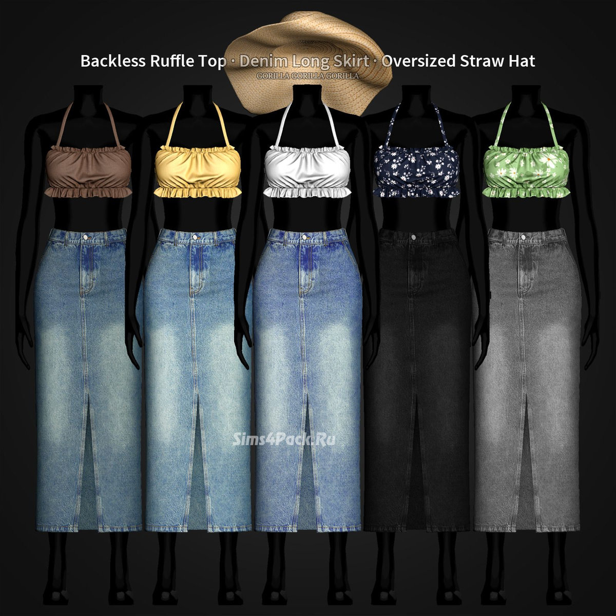 Комплект для симочек "Backless Ruffle Top, Denim Long Skirt and Oversized Straw Hat"