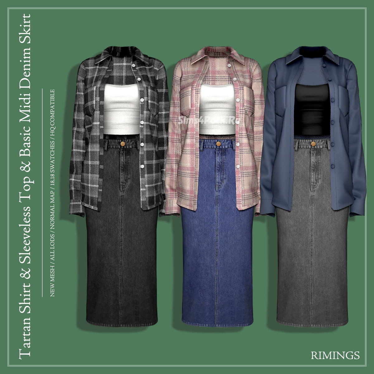 Комплект одежды для симочек "Tartan Shirt & Sleeveless Top & Basic Midi Denim Skirt"