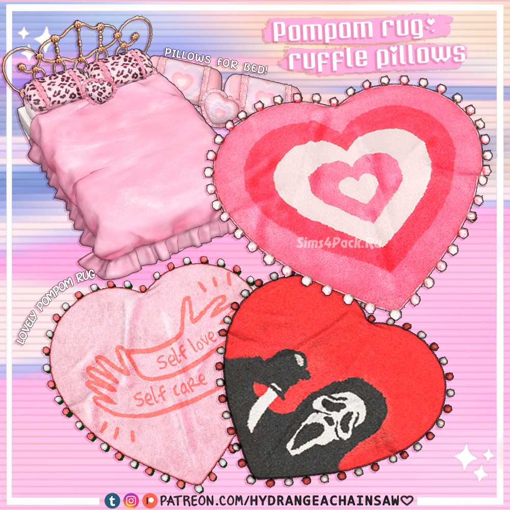 Декоративные подушки и ковер "Heart pompom rug + ruffle pillows"