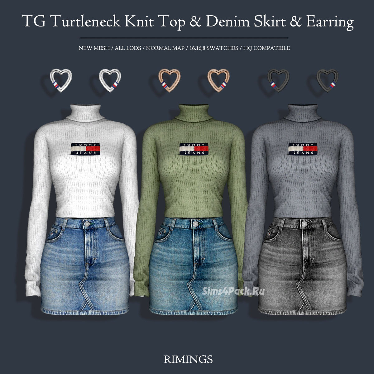 Комплект для симочки "TG Turtleneck Knit Top & Denim Skirt & Earring"