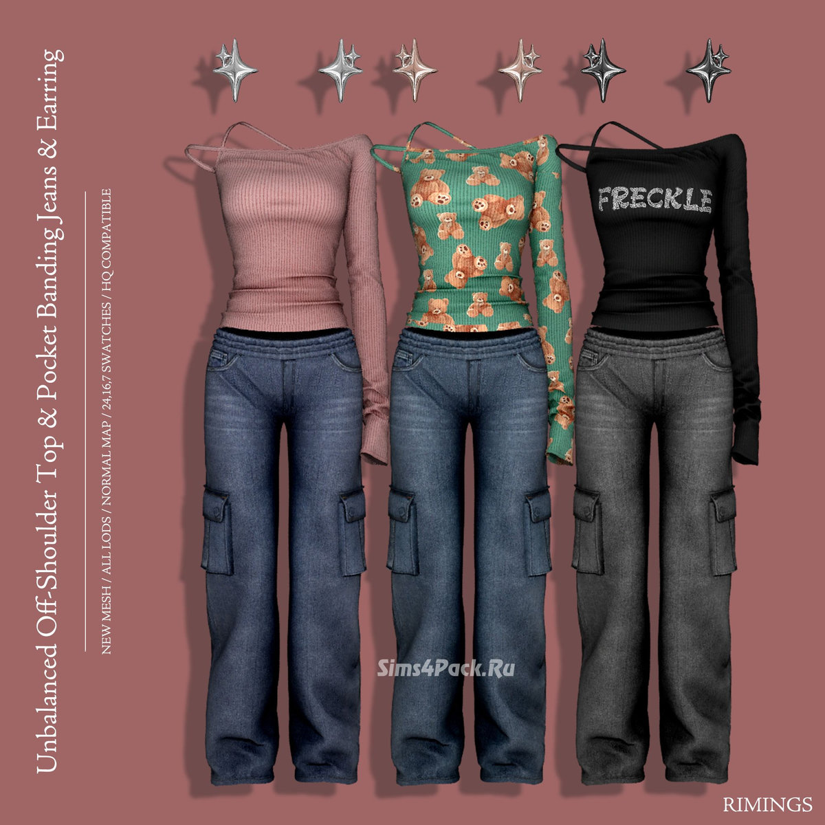 Молодежный сет для симочек "Unbalanced Off-Shoulder Top & Pocket Banding Jeans & Earring"