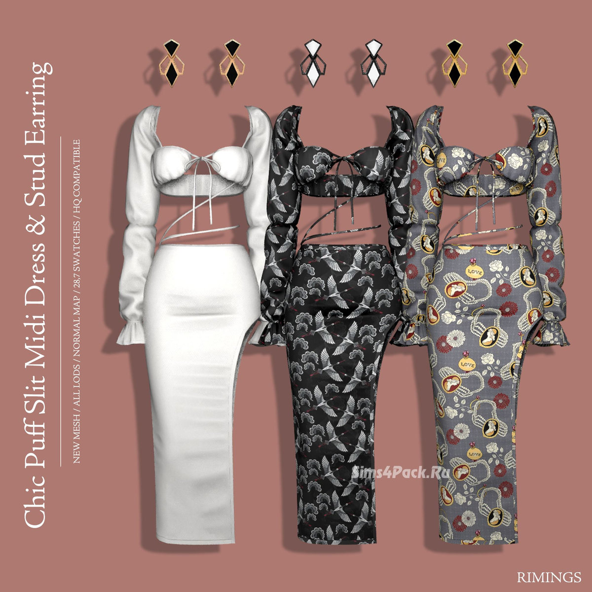 Платье и серьги "Chic Puff Slit Midi Dress & Stud Earring"