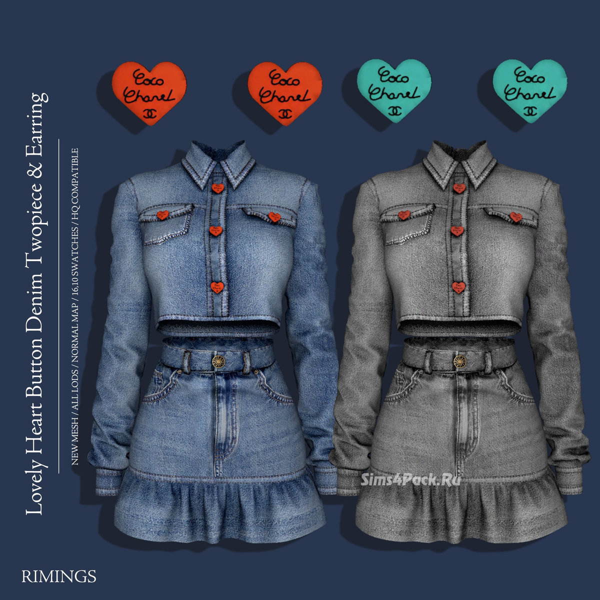 Джинсовый комплект для симочек "Lovely Heart Button Denim Twopiece & Earring"