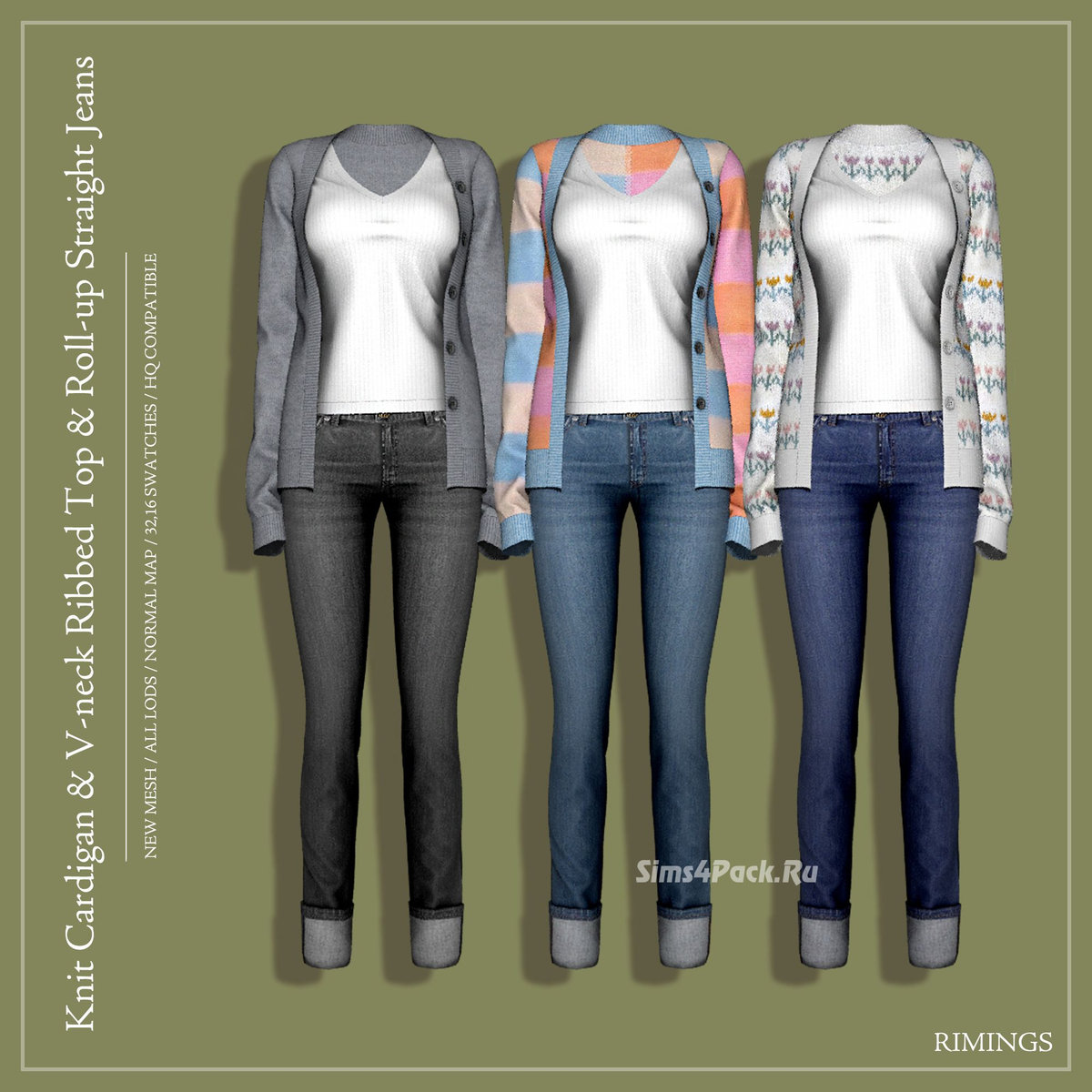 Повседневный наряд для симочек "Knit Cardigan & V-neck Ribbed Top & Roll-up Straight Jeans"