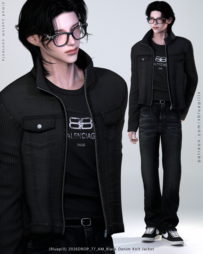 Куртка с футболкой для симов "Black Denim Knit Jacket"