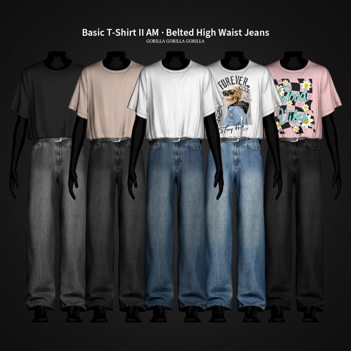 Наряд для симов "Basic T-Shirt II AM & Belted High Waist Jeans"