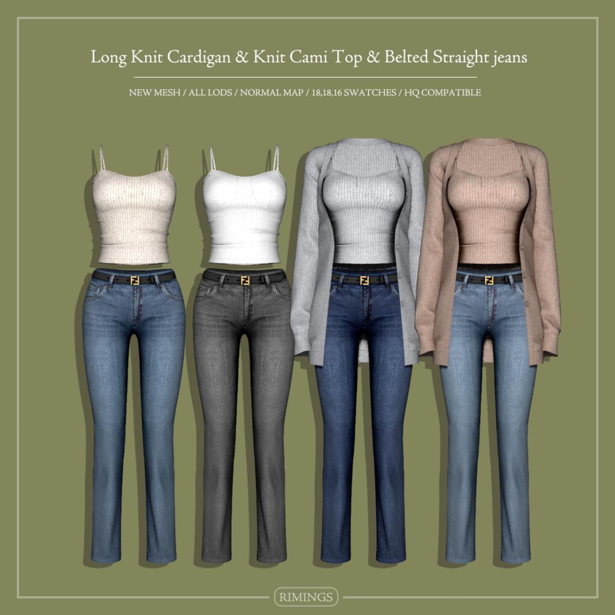 Повседневный сет "Long Knit Cardigan & Knit Cami Top & Belted Straight jeans"