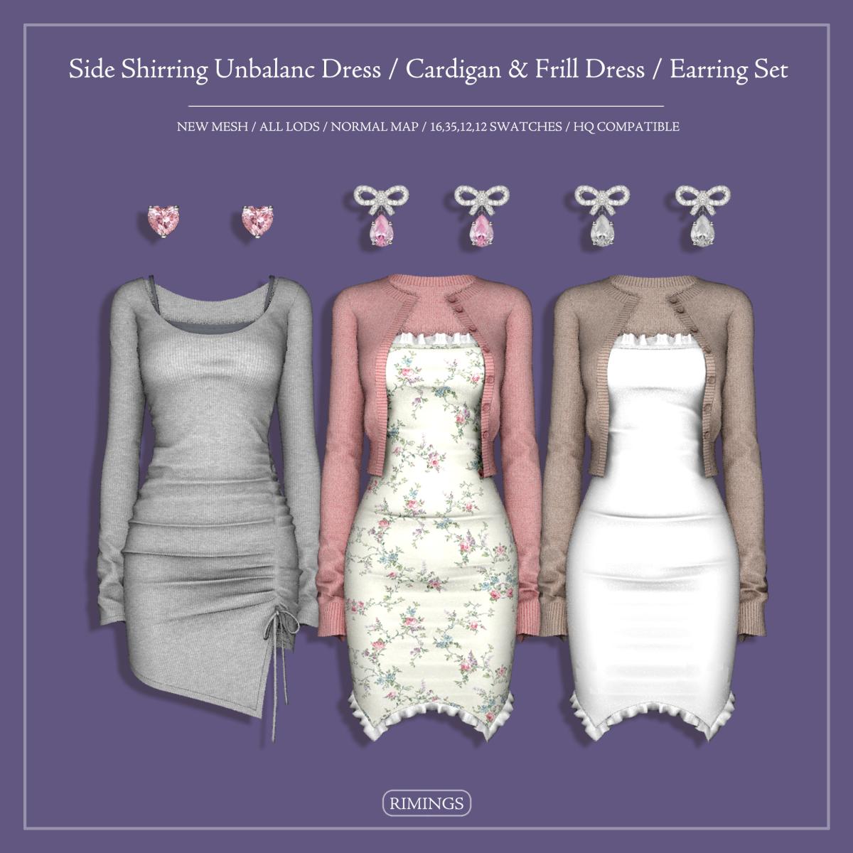 Романтичный сет для симочек "Side Shirring Unbalanc Dress & Cardigan & Frill Dress & Earring Set"